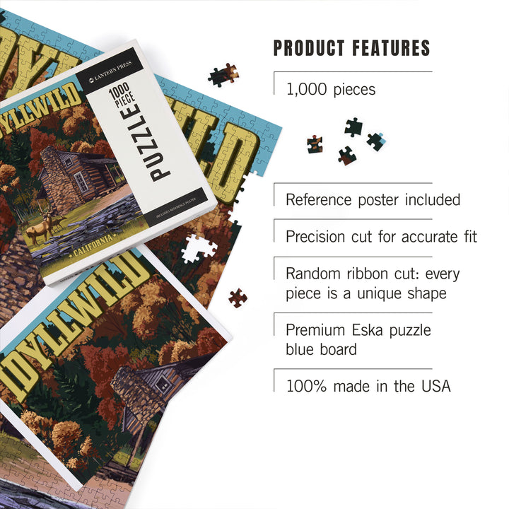 Idyllwild, California, Deer Family and Cabin Scene, Jigsaw Puzzle Puzzle Lantern Press 