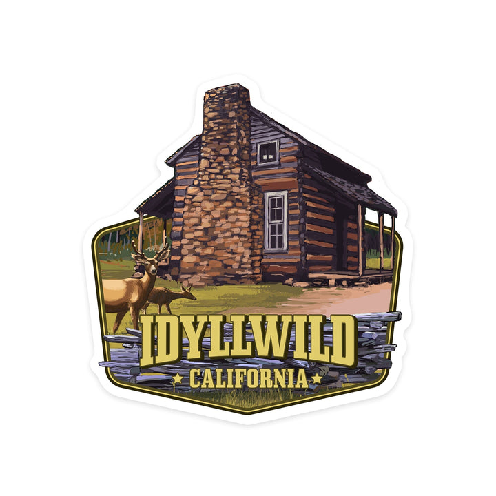 Idyllwild, California, Deer Family & Cabin Scene, Contour, Lantern Press Artwork, Vinyl Sticker Sticker Lantern Press 