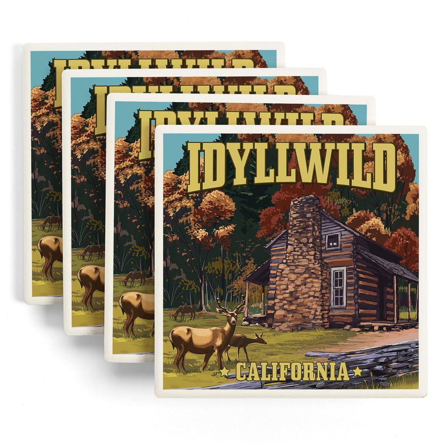 Idyllwild, California, Deer Family & Cabin Scene, Lantern Press Artwork, Coaster Set - Lantern Press