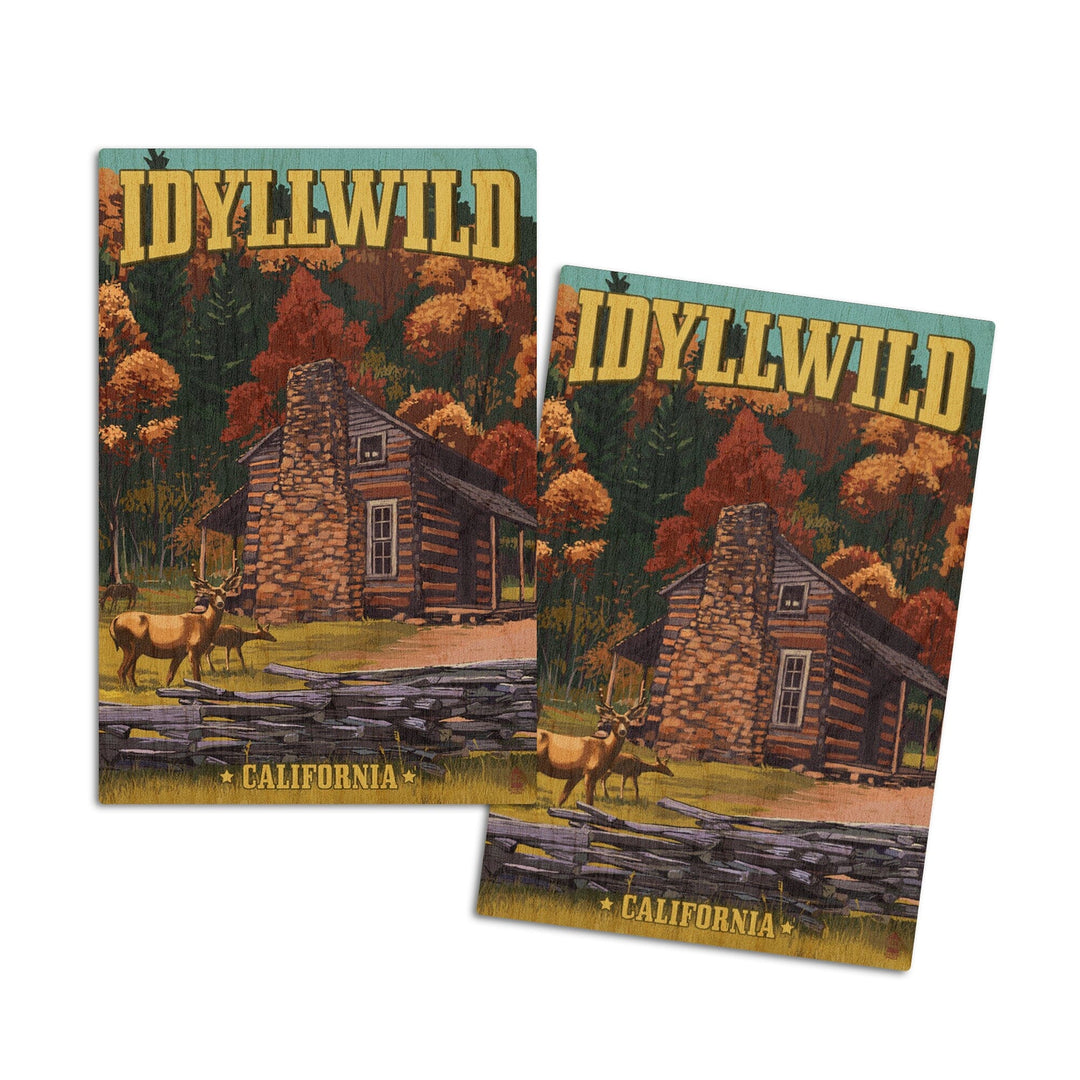 Idyllwild, California, Deer Family & Cabin Scene, Lantern Press Artwork, Wood Signs and Postcards Wood Lantern Press 4x6 Wood Postcard Set 