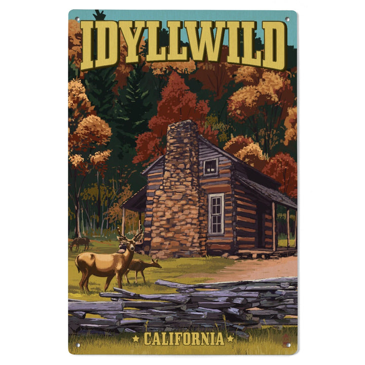 Idyllwild, California, Deer Family & Cabin Scene, Lantern Press Artwork, Wood Signs and Postcards Wood Lantern Press 