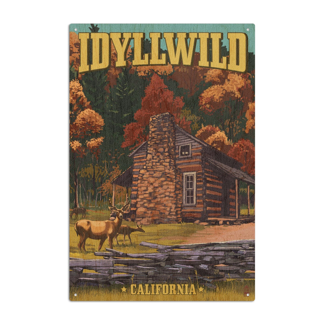 Idyllwild, California, Deer Family & Cabin Scene, Lantern Press Artwork, Wood Signs and Postcards Wood Lantern Press 6x9 Wood Sign 