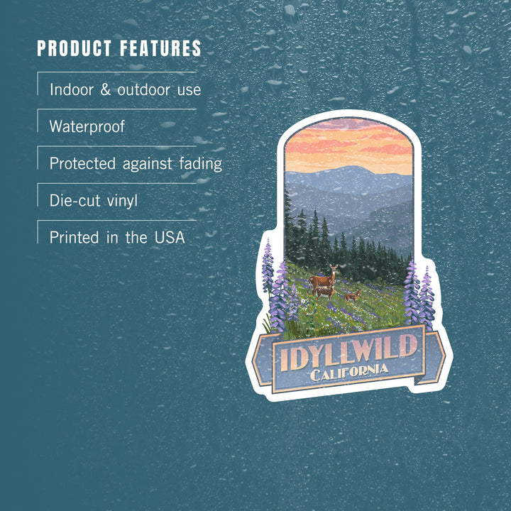 Idyllwild, California, Deer & Spring Flowers, Contour, Lantern Press Artwork, Vinyl Sticker - Lantern Press