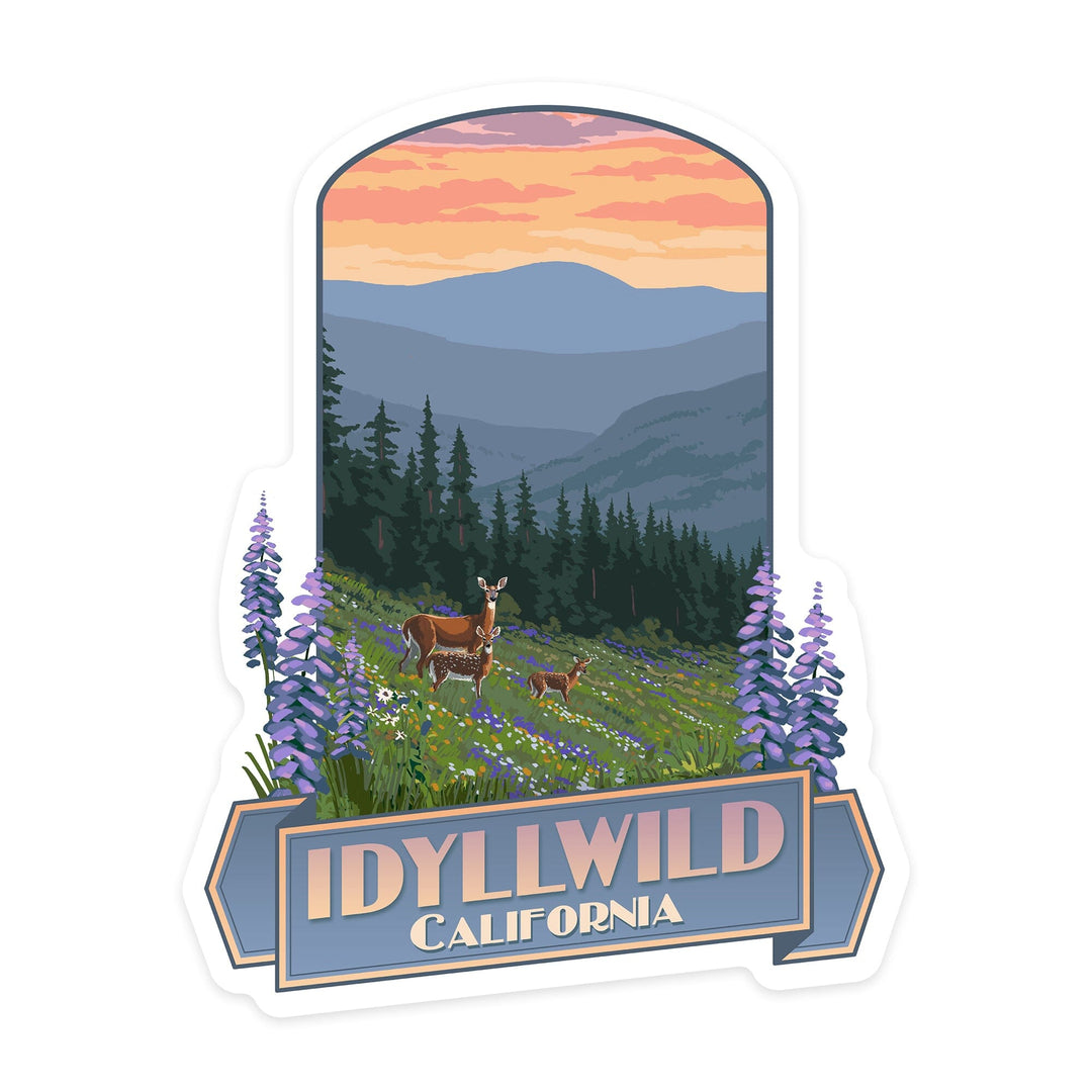 Idyllwild, California, Deer & Spring Flowers, Contour, Lantern Press Artwork, Vinyl Sticker - Lantern Press