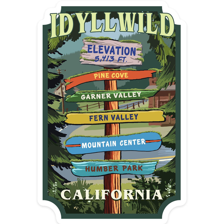 Idyllwild, California, Destination Signpost, Contour, Lantern Press Artwork, Vinyl Sticker - Lantern Press