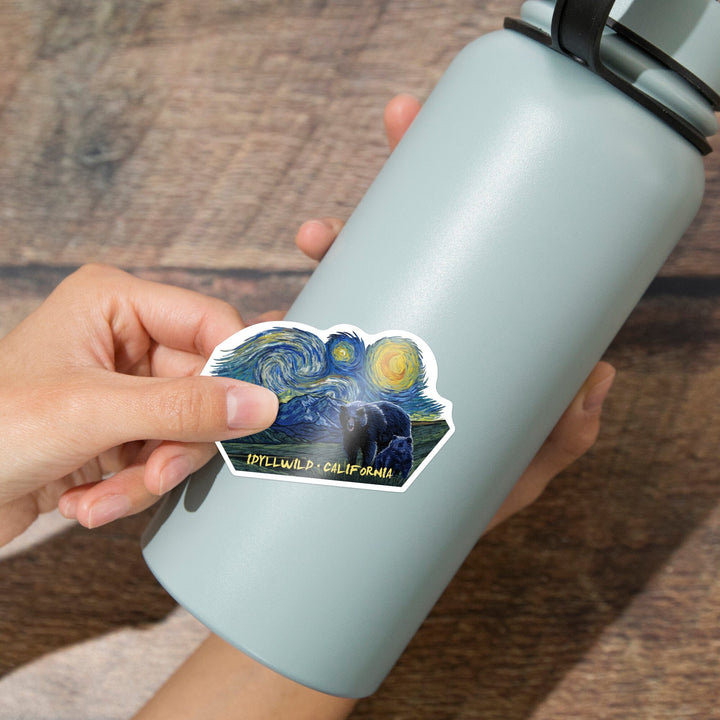 Idyllwild, California, Grizzly Bear & Cub, Starry Night, Contour, Lantern Press Artwork, Vinyl Sticker - Lantern Press