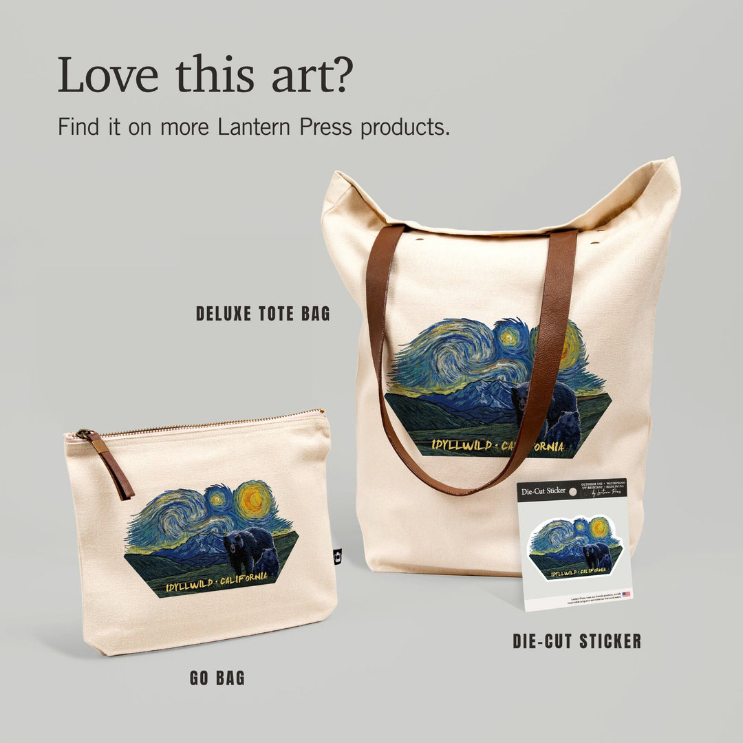 Idyllwild, California, Grizzly Bear & Cub, Starry Night, Contour, Lantern Press Artwork, Vinyl Sticker - Lantern Press