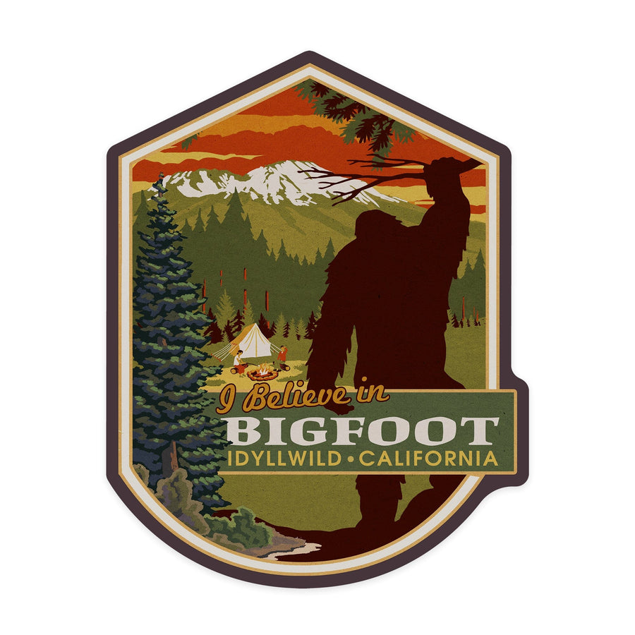 Idyllwild, California, I Believe, Bigfoot, Contour, Lantern Press Artwork, Vinyl Sticker Sticker Lantern Press 