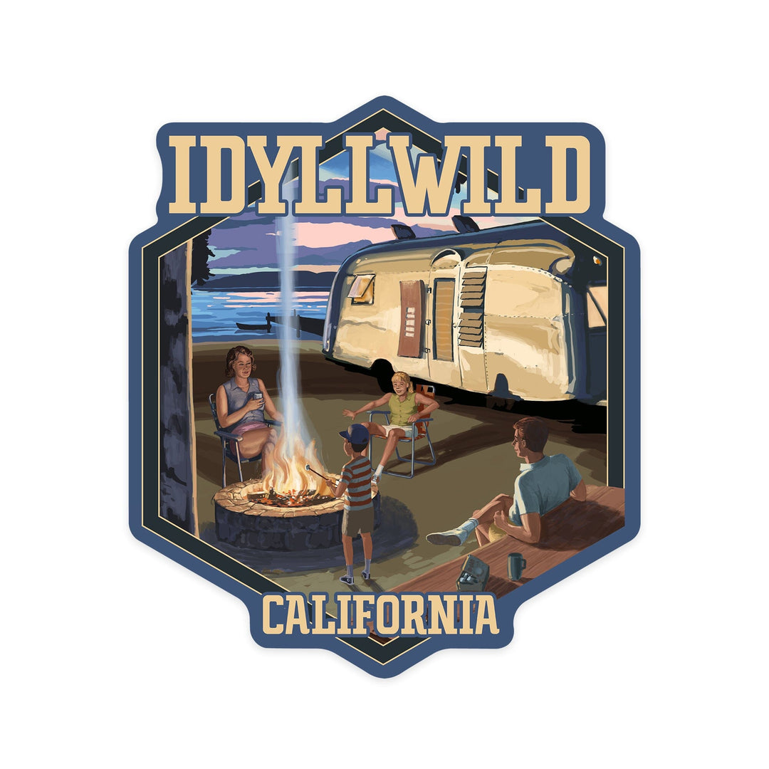 Idyllwild, California, Retro Camper and Lake, Contour, Vinyl Sticker - Lantern Press