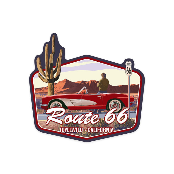 Idyllwild, California, Route 66, Classic Car with Red Rocks, Contour, Vinyl Sticker - Lantern Press