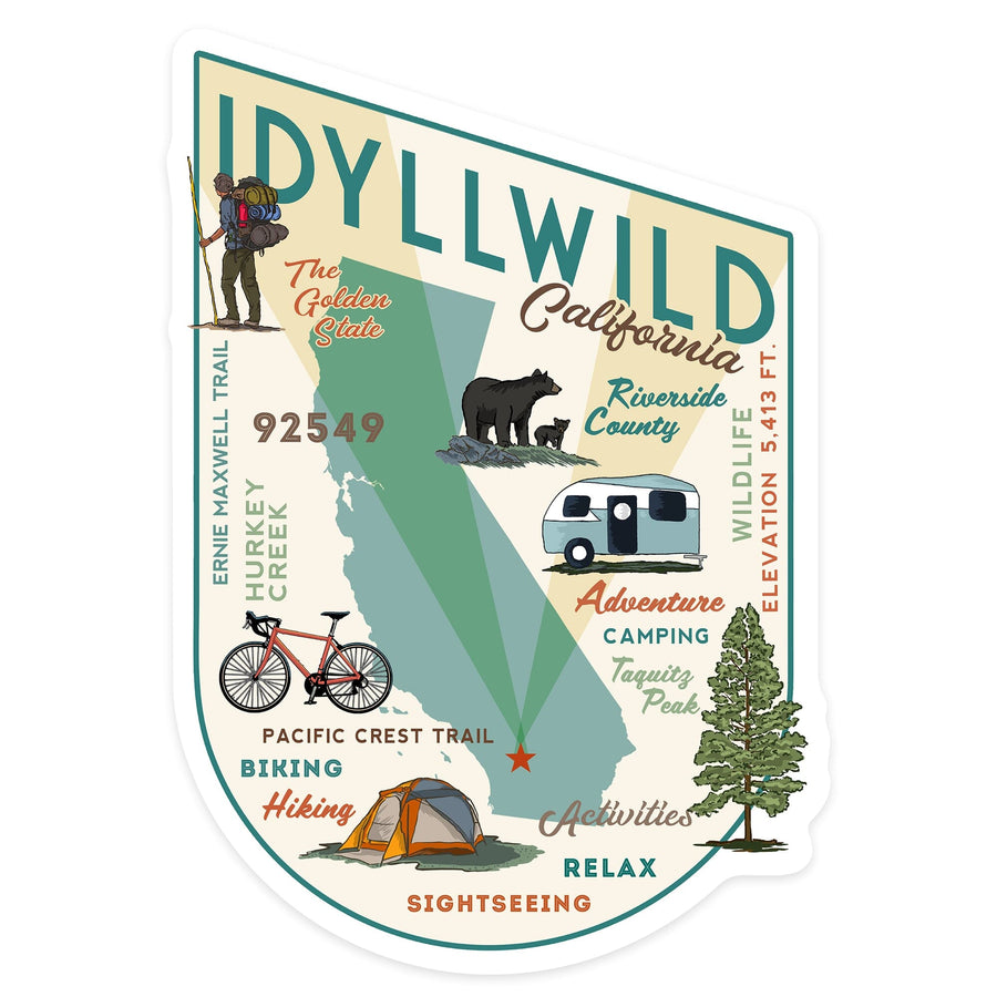 Idyllwild, California, Typography & Icons, Contour, Lantern Press Artwork, Vinyl Sticker Sticker Lantern Press 