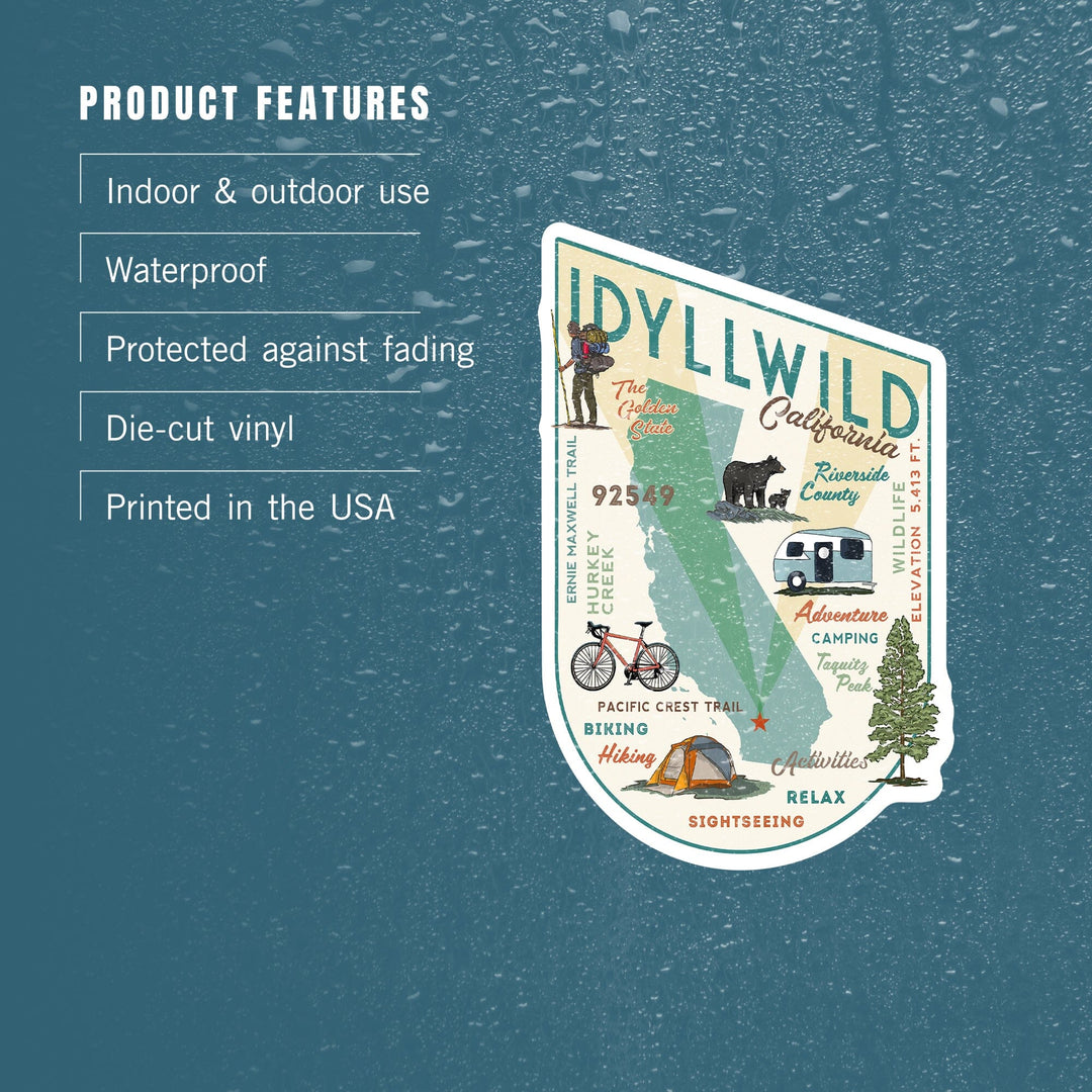 Idyllwild, California, Typography & Icons, Contour, Lantern Press Artwork, Vinyl Sticker Sticker Lantern Press 