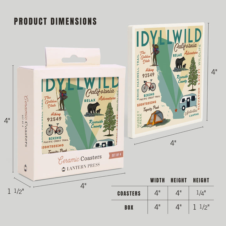 Idyllwild, California, Typography & Icons, Lantern Press Artwork, Coaster Set - Lantern Press