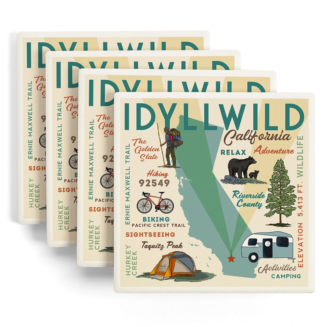 Idyllwild, California, Typography & Icons, Lantern Press Artwork, Coaster Set - Lantern Press