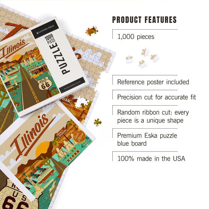 Illinois, Route 66, Geometric, Jigsaw Puzzle Puzzle Lantern Press 