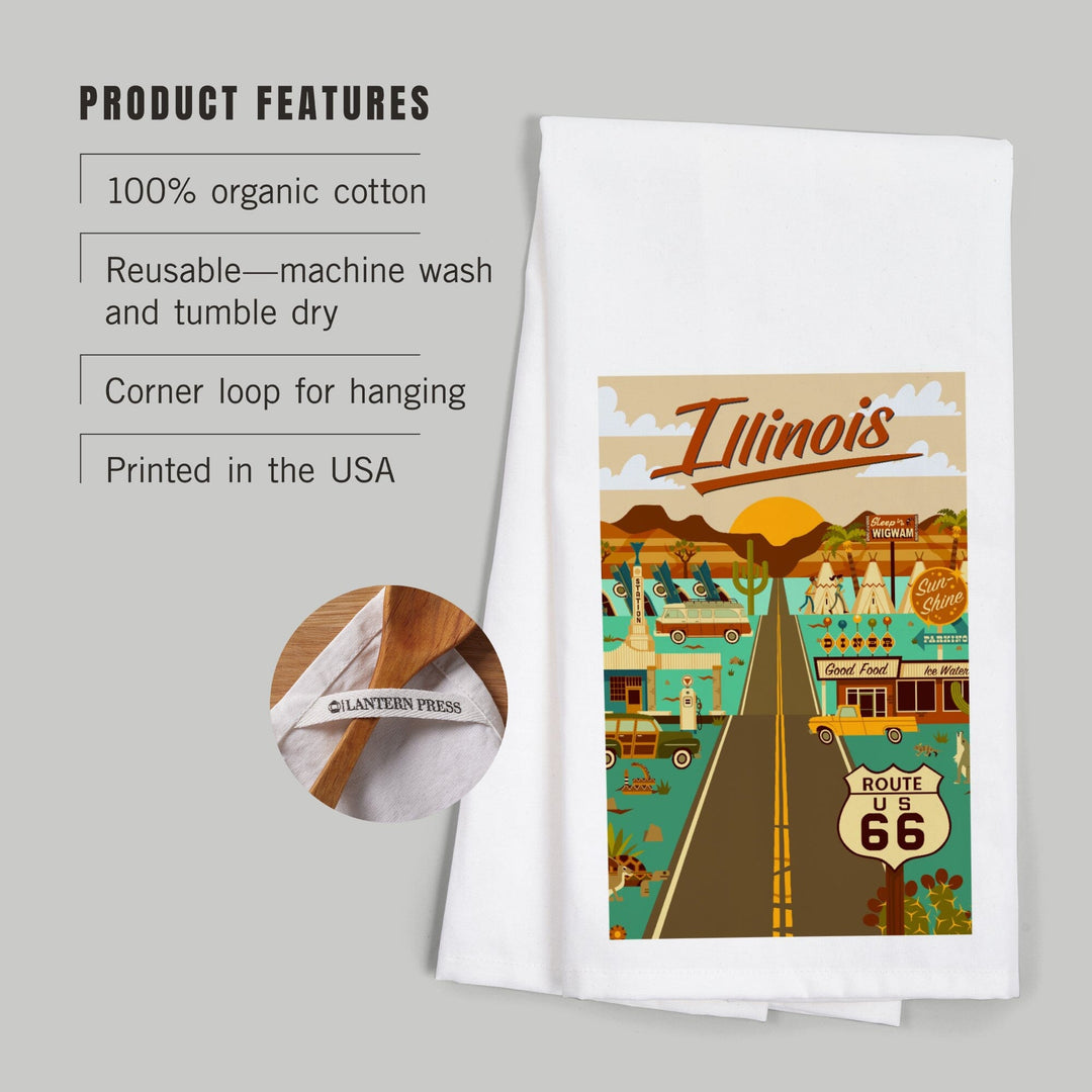 Illinois, Route 66, Geometric, Organic Cotton Kitchen Tea Towels Kitchen Lantern Press 