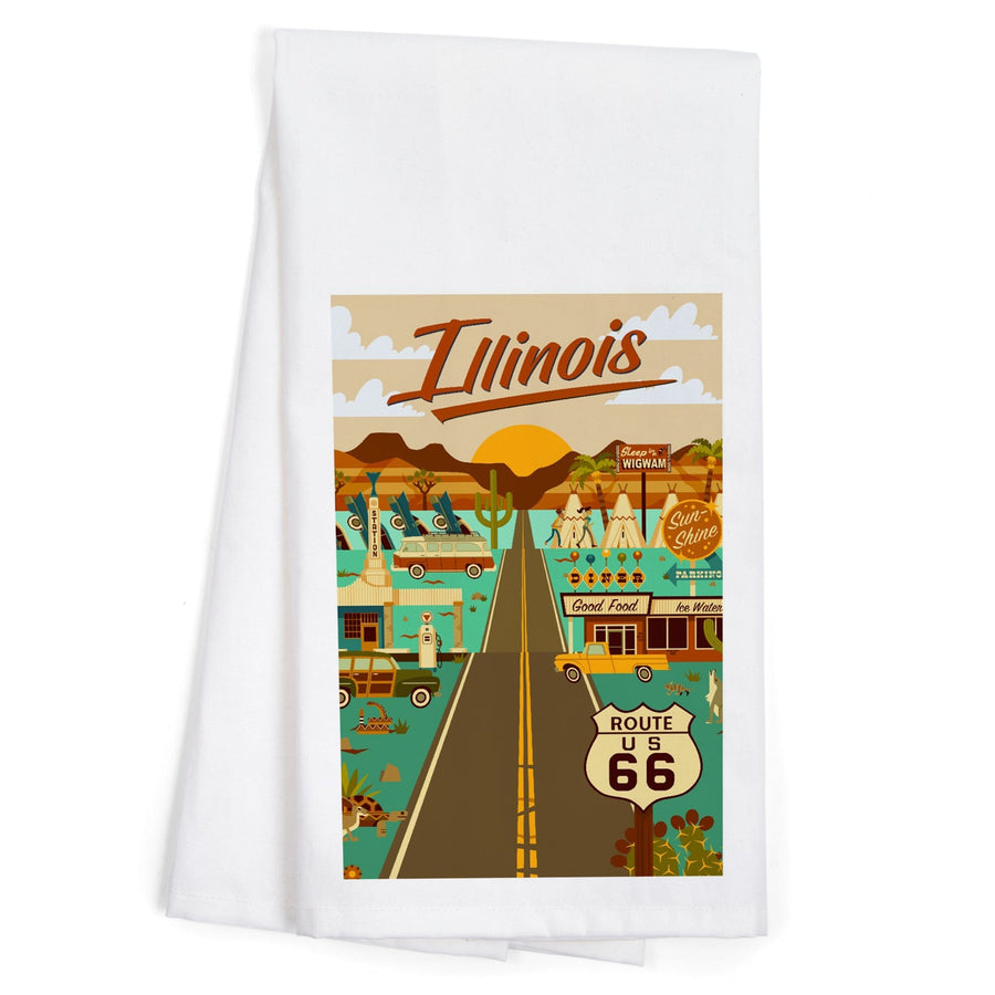 Illinois, Route 66, Geometric, Organic Cotton Kitchen Tea Towels Kitchen Lantern Press 