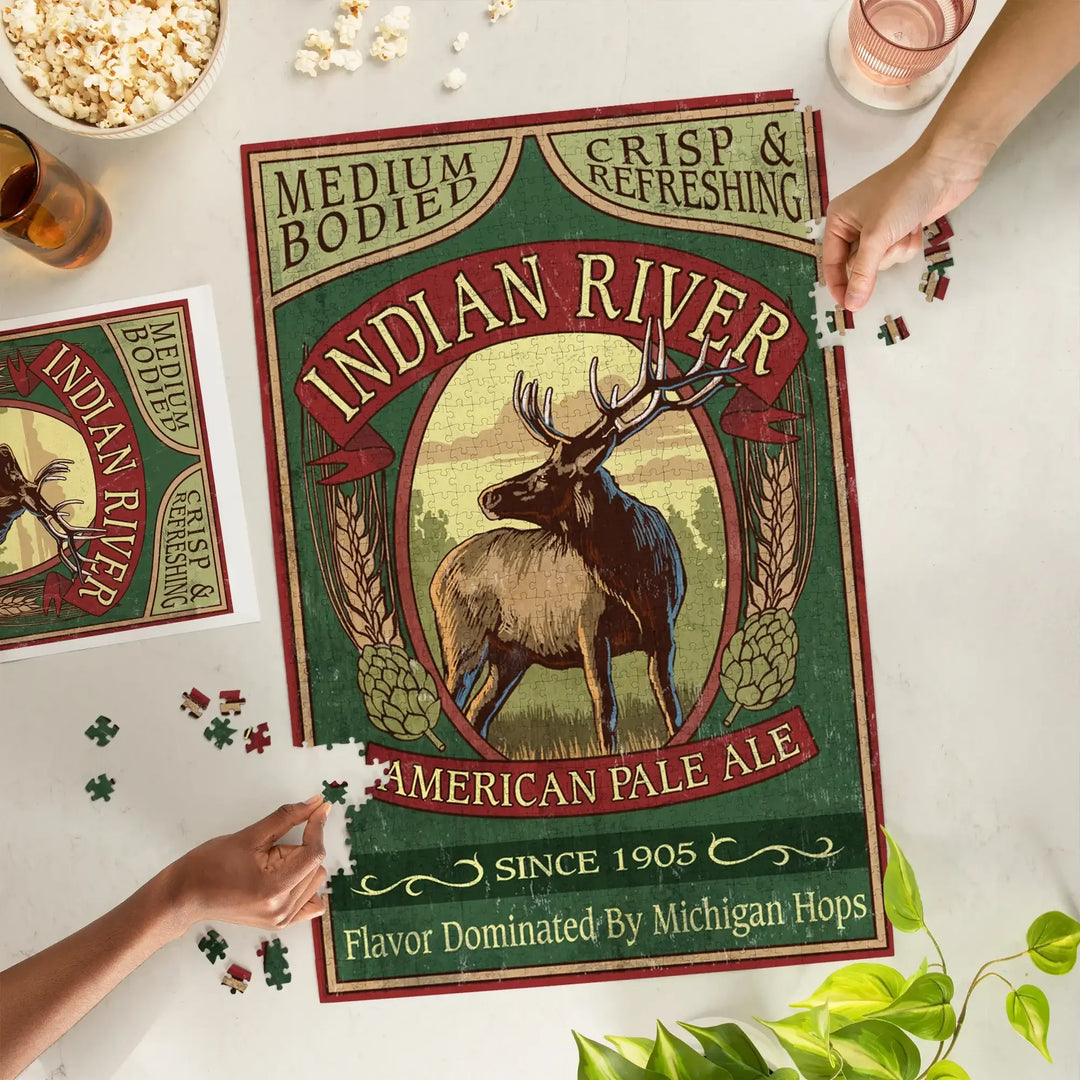 Indian River, Michigan, Elk Pale Ale Vintage Sign, Jigsaw Puzzle Puzzle Lantern Press 