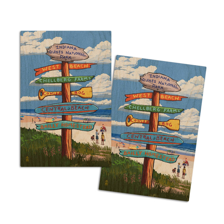Indiana Dunes National Park, Indiana, Beach Destination Signpost, Lantern Press Artwork, Wood Signs and Postcards Wood Lantern Press 4x6 Wood Postcard Set 