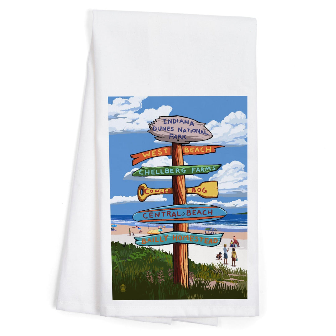 Indiana Dunes National Park, Indiana, Beach Destination Signpost, Organic Cotton Kitchen Tea Towels Kitchen Lantern Press 