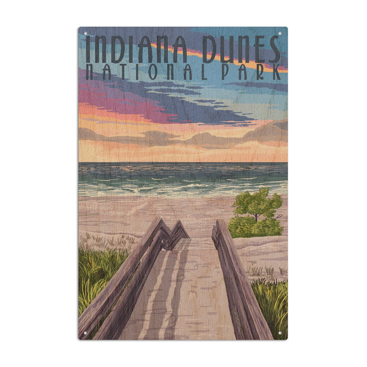 Indiana Dunes National Park, Lake Michigan, Beach Boardwalk Scene, Lantern Press Artwork, Wood Signs and Postcards Wood Lantern Press 10 x 15 Wood Sign 