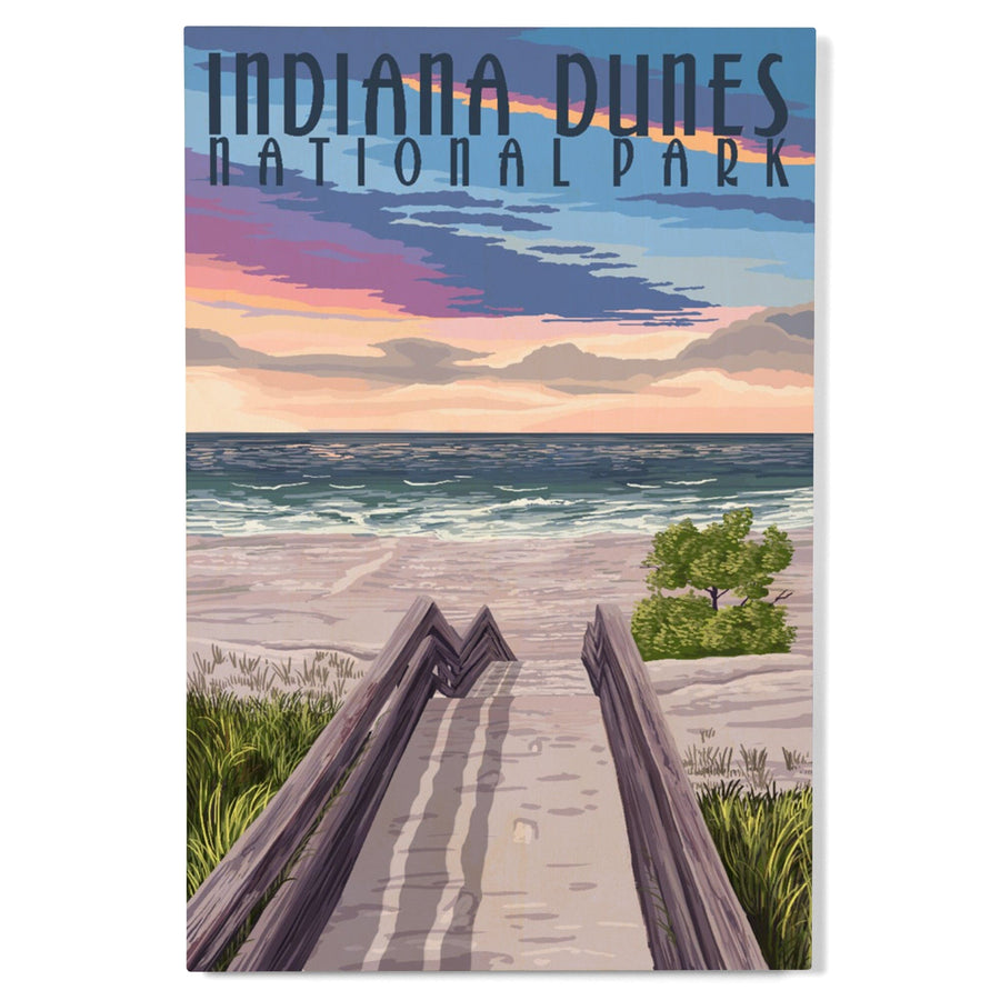 Indiana Dunes National Park, Lake Michigan, Beach Boardwalk Scene, Lantern Press Artwork, Wood Signs and Postcards Wood Lantern Press 