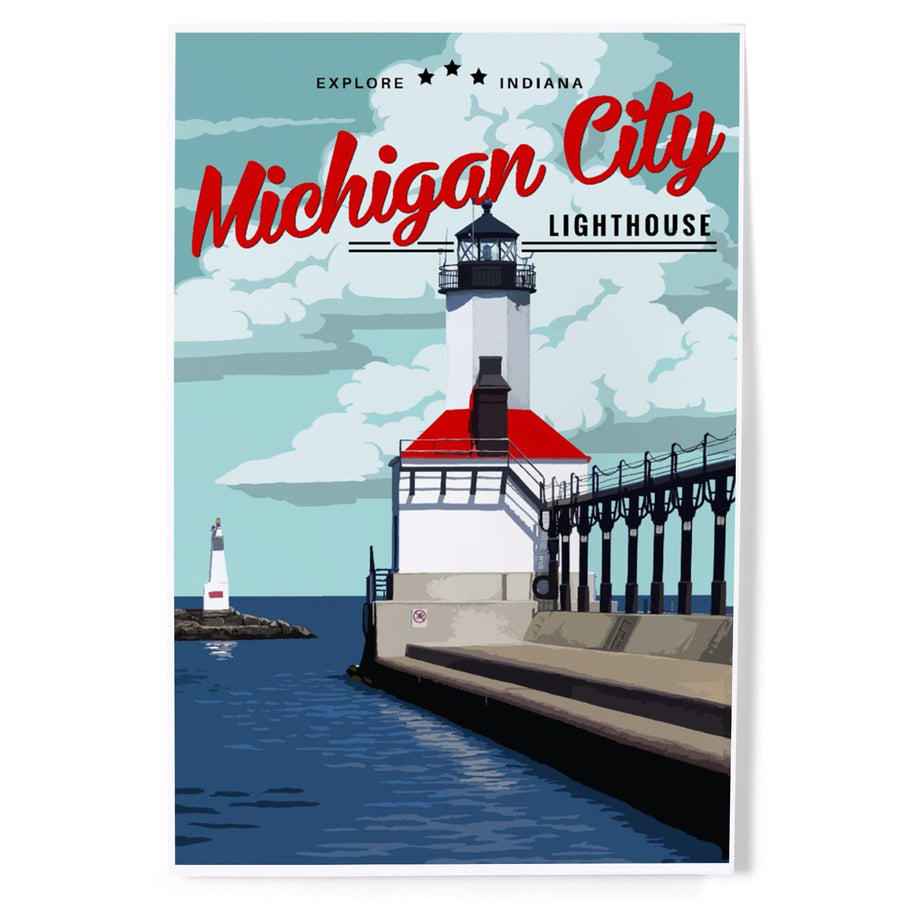 Indiana, Michigan City Lighthouse and Pier, Art & Giclee Prints Art Lantern Press 