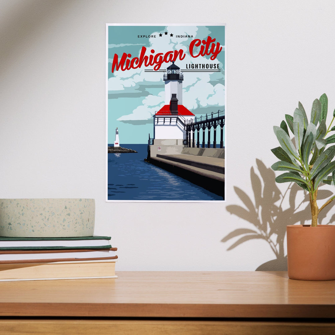 Indiana, Michigan City Lighthouse and Pier, Art & Giclee Prints Art Lantern Press 
