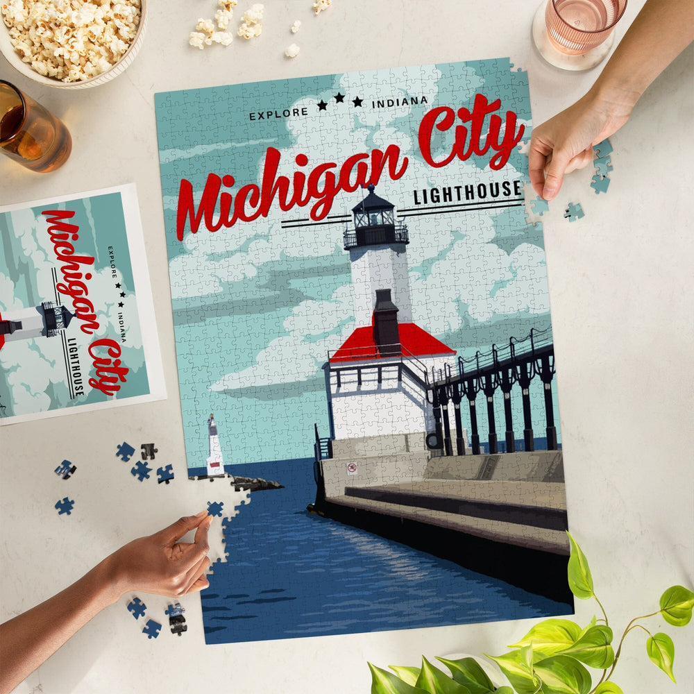 Indiana, Michigan City Lighthouse and Pier, Jigsaw Puzzle Puzzle Lantern Press 
