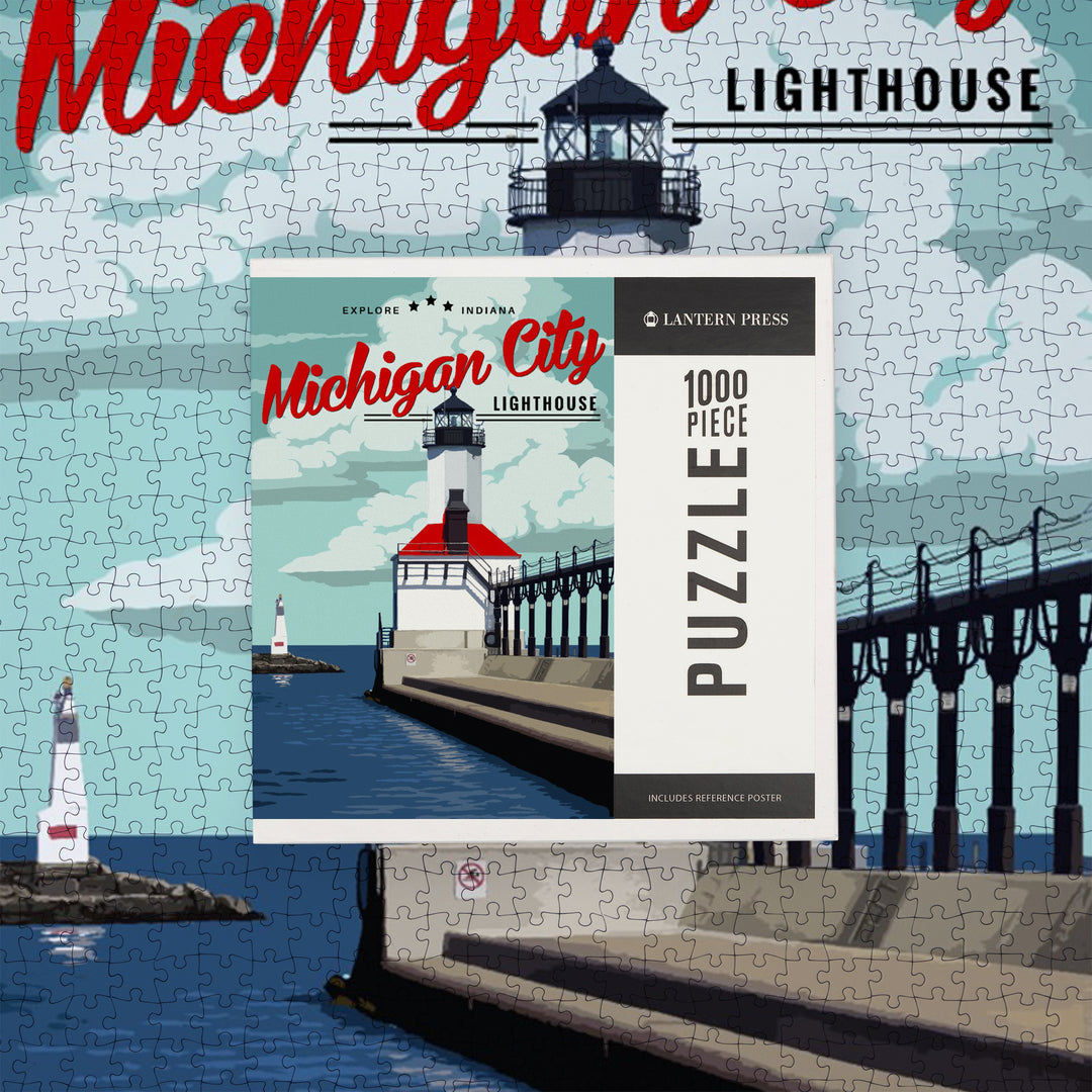 Indiana, Michigan City Lighthouse and Pier, Jigsaw Puzzle Puzzle Lantern Press 