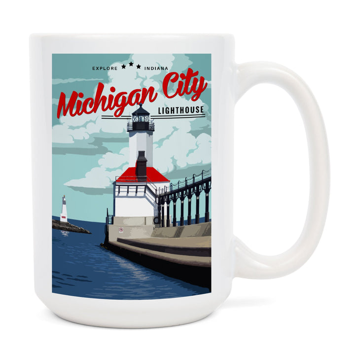 Indiana, Michigan City Lighthouse and Pier, Lantern Press Artwork, Ceramic Mug Mugs Lantern Press 