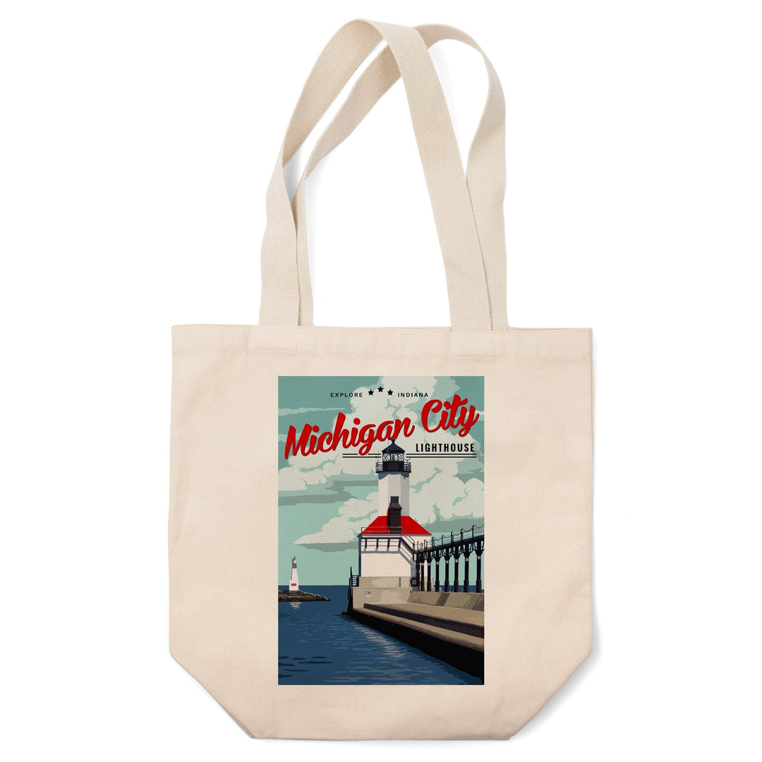Indiana, Michigan City Lighthouse and Pier, Lantern Press Artwork, Tote Bag Totes Lantern Press 