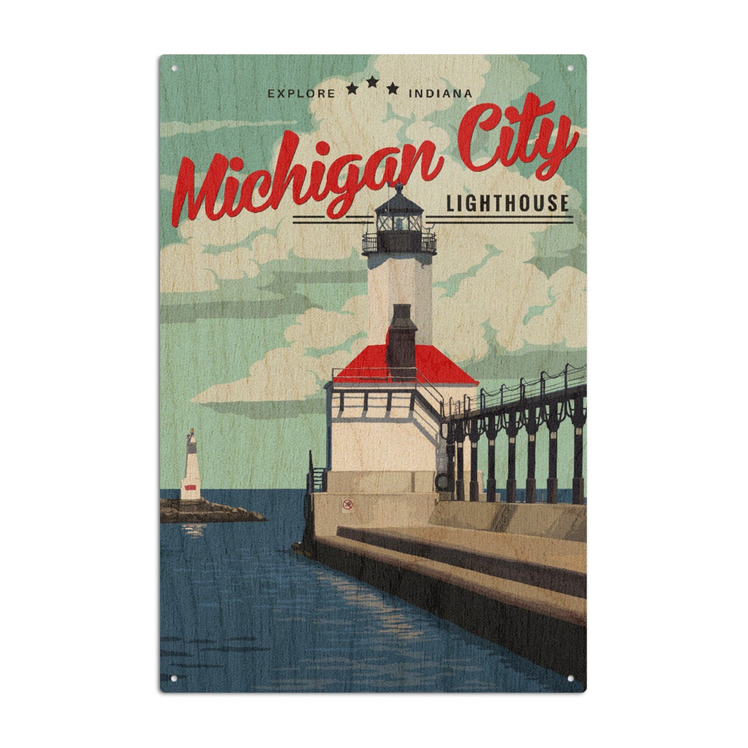Indiana, Michigan City Lighthouse and Pier, Lantern Press Artwork, Wood Signs and Postcards Wood Lantern Press 10 x 15 Wood Sign 
