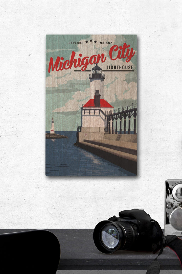 Indiana, Michigan City Lighthouse and Pier, Lantern Press Artwork, Wood Signs and Postcards Wood Lantern Press 12 x 18 Wood Gallery Print 