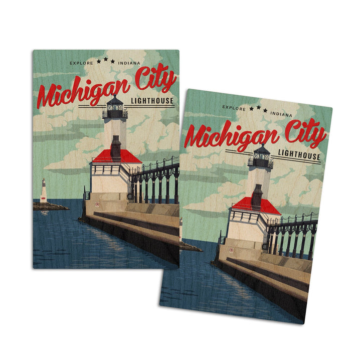 Indiana, Michigan City Lighthouse and Pier, Lantern Press Artwork, Wood Signs and Postcards Wood Lantern Press 4x6 Wood Postcard Set 
