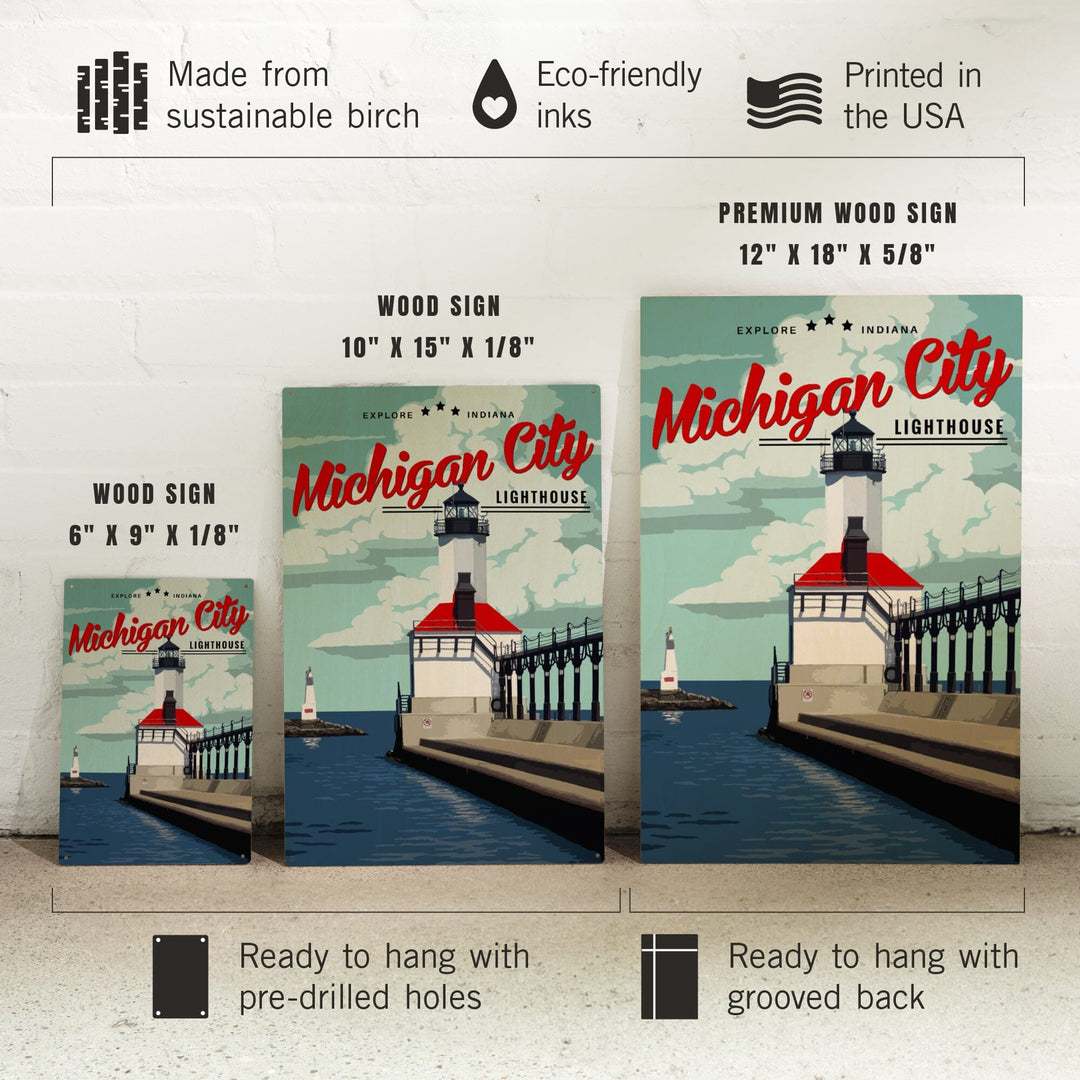 Indiana, Michigan City Lighthouse and Pier, Lantern Press Artwork, Wood Signs and Postcards Wood Lantern Press 