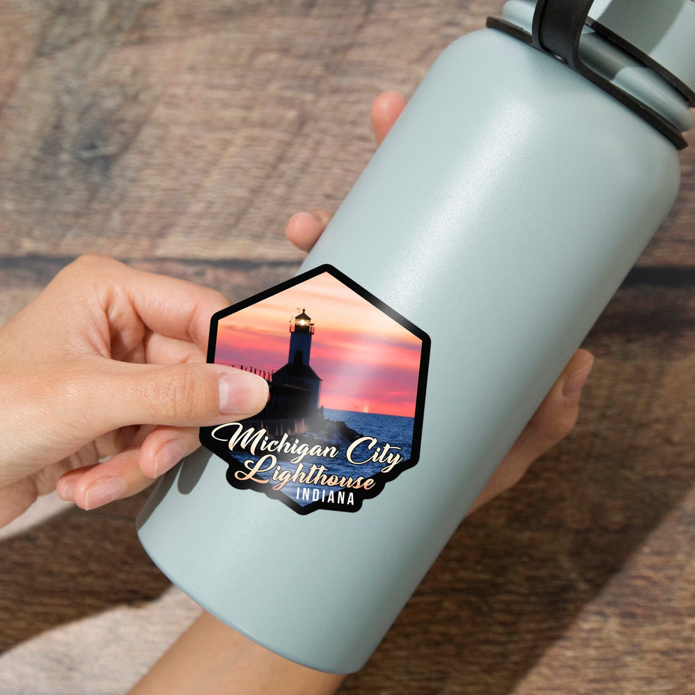 Indiana, Michigan City Lighthouse at Sunset, Contour, Vinyl Sticker - Lantern Press