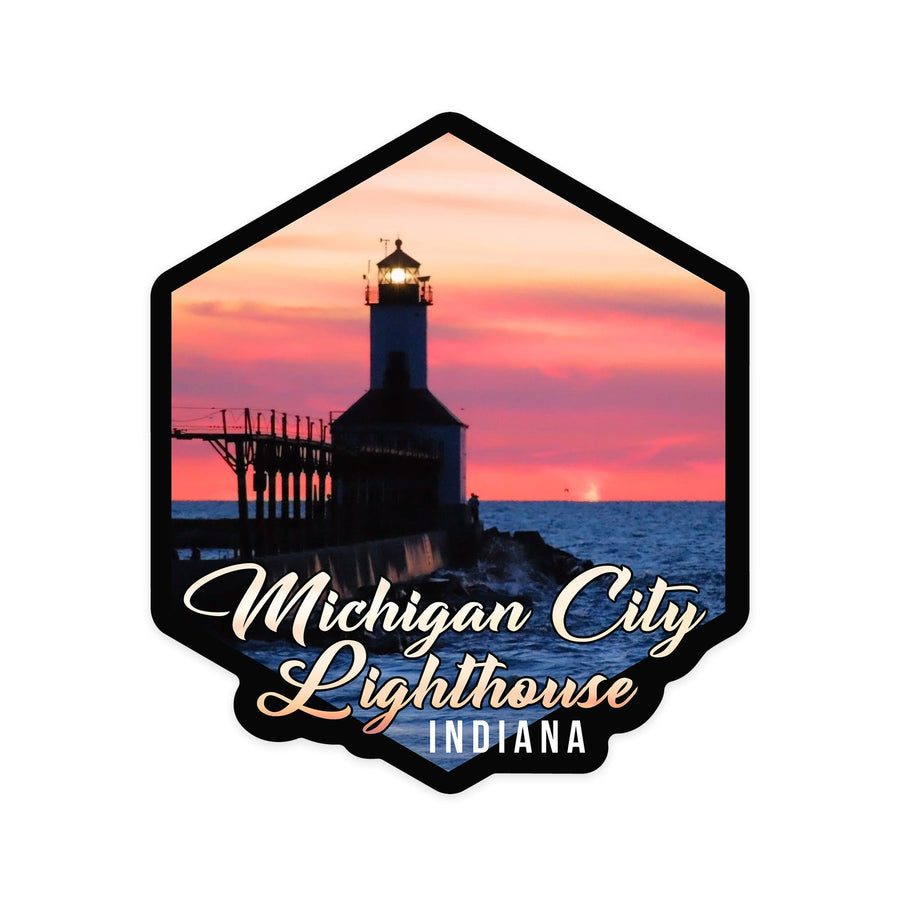 Indiana, Michigan City Lighthouse at Sunset, Contour, Vinyl Sticker - Lantern Press