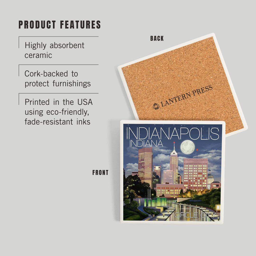 Indianapolis, Indiana, Indianapolis at Night Circle City, Coasters Coasters Lantern Press 