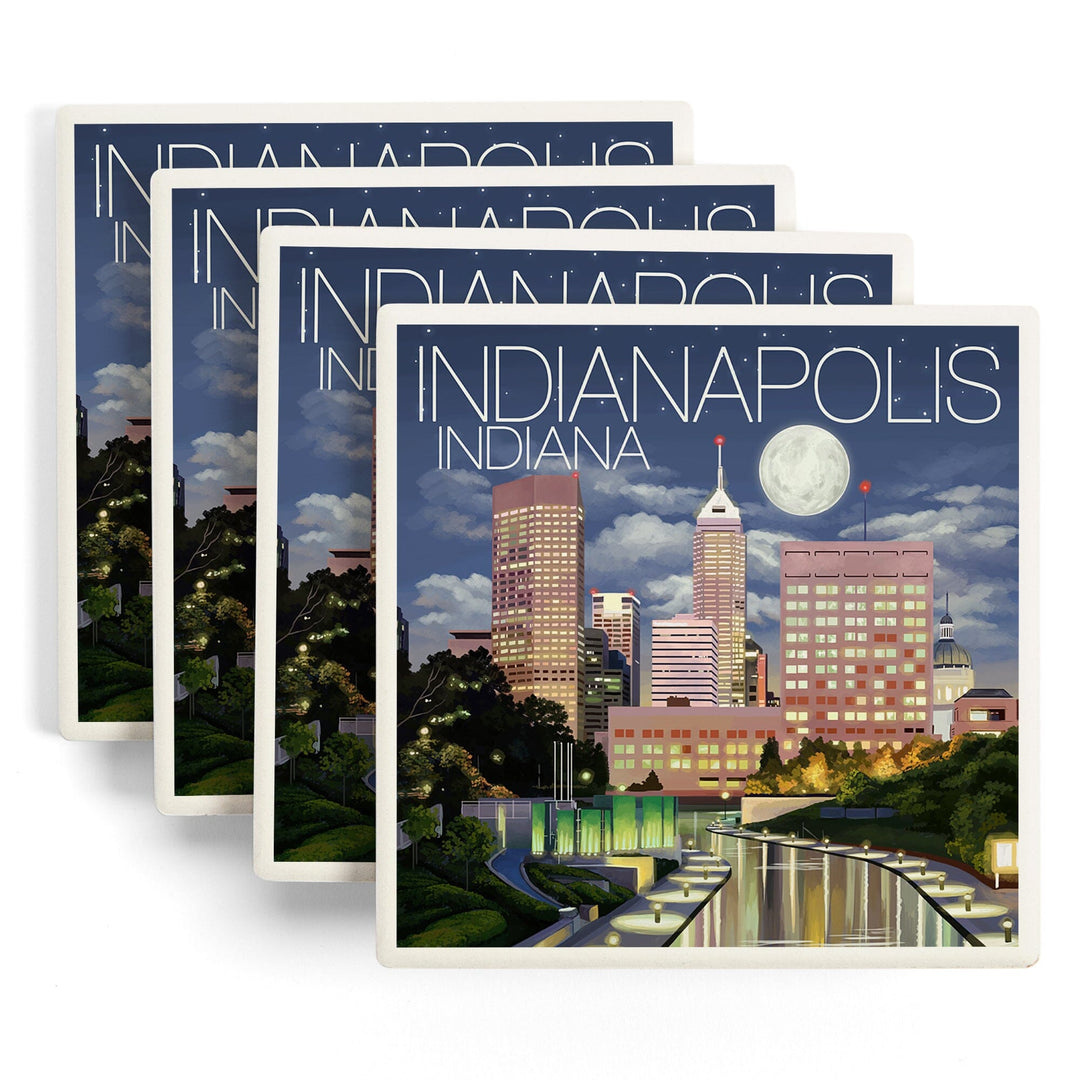 Indianapolis, Indiana, Indianapolis at Night, Lantern Press Artwork, Coaster Set - Lantern Press