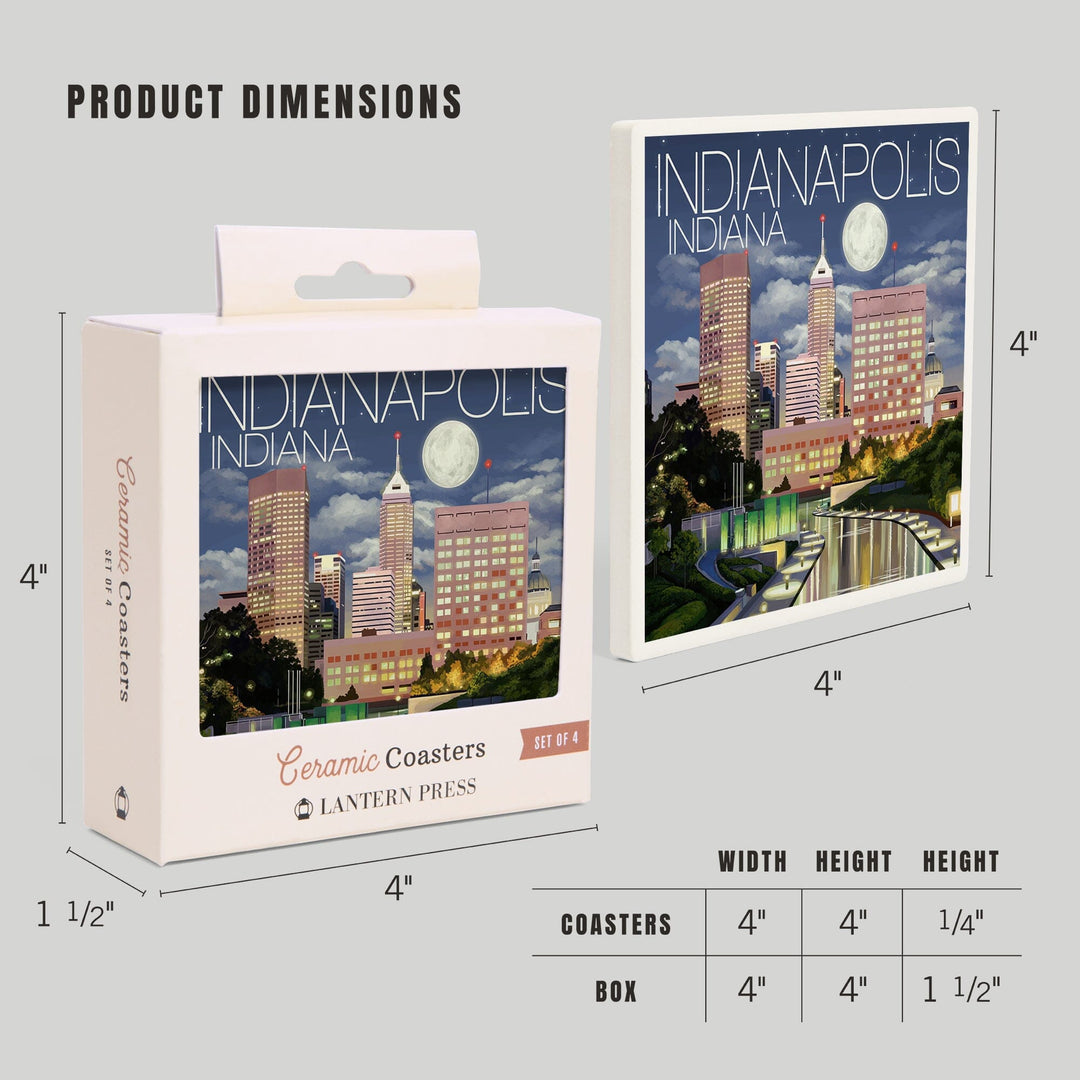 Indianapolis, Indiana, Indianapolis at Night, Lantern Press Artwork, Coaster Set - Lantern Press