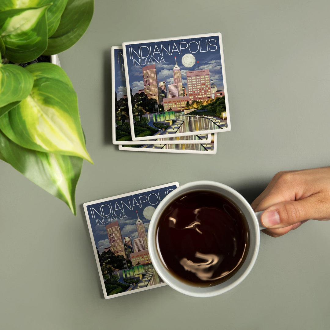 Indianapolis, Indiana, Indianapolis at Night, Lantern Press Artwork, Coaster Set - Lantern Press