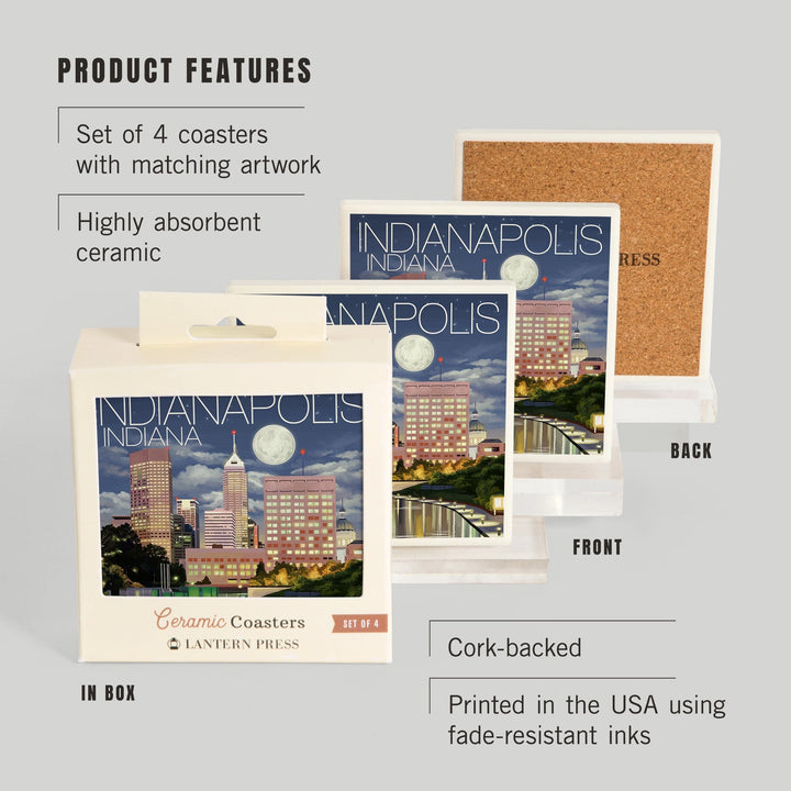 Indianapolis, Indiana, Indianapolis at Night, Lantern Press Artwork, Coaster Set - Lantern Press