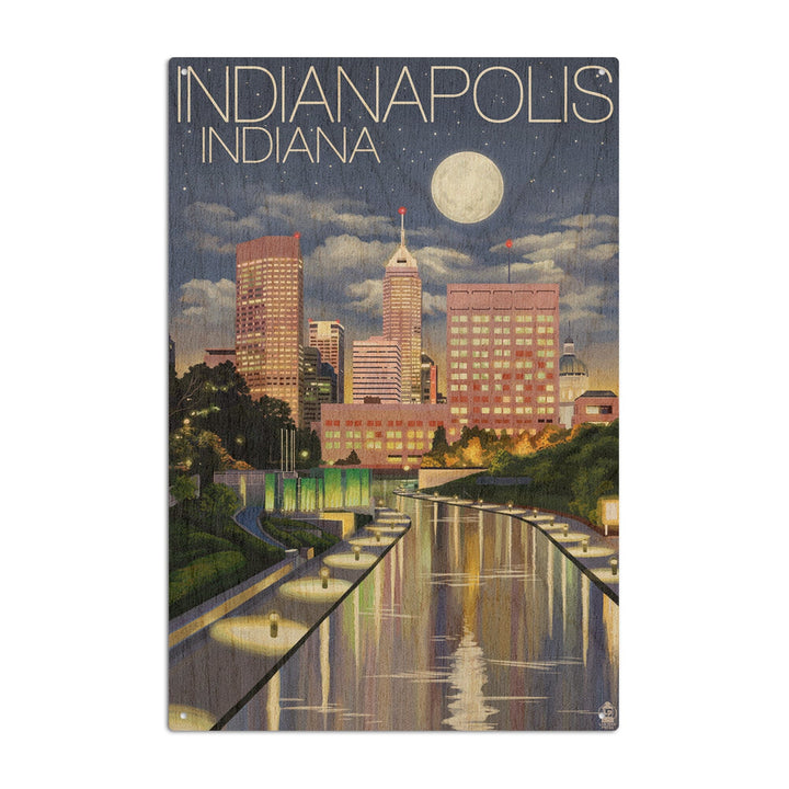 Indianapolis, Indiana, Indianapolis at Night, Lantern Press Artwork, Wood Signs and Postcards Wood Lantern Press 10 x 15 Wood Sign 
