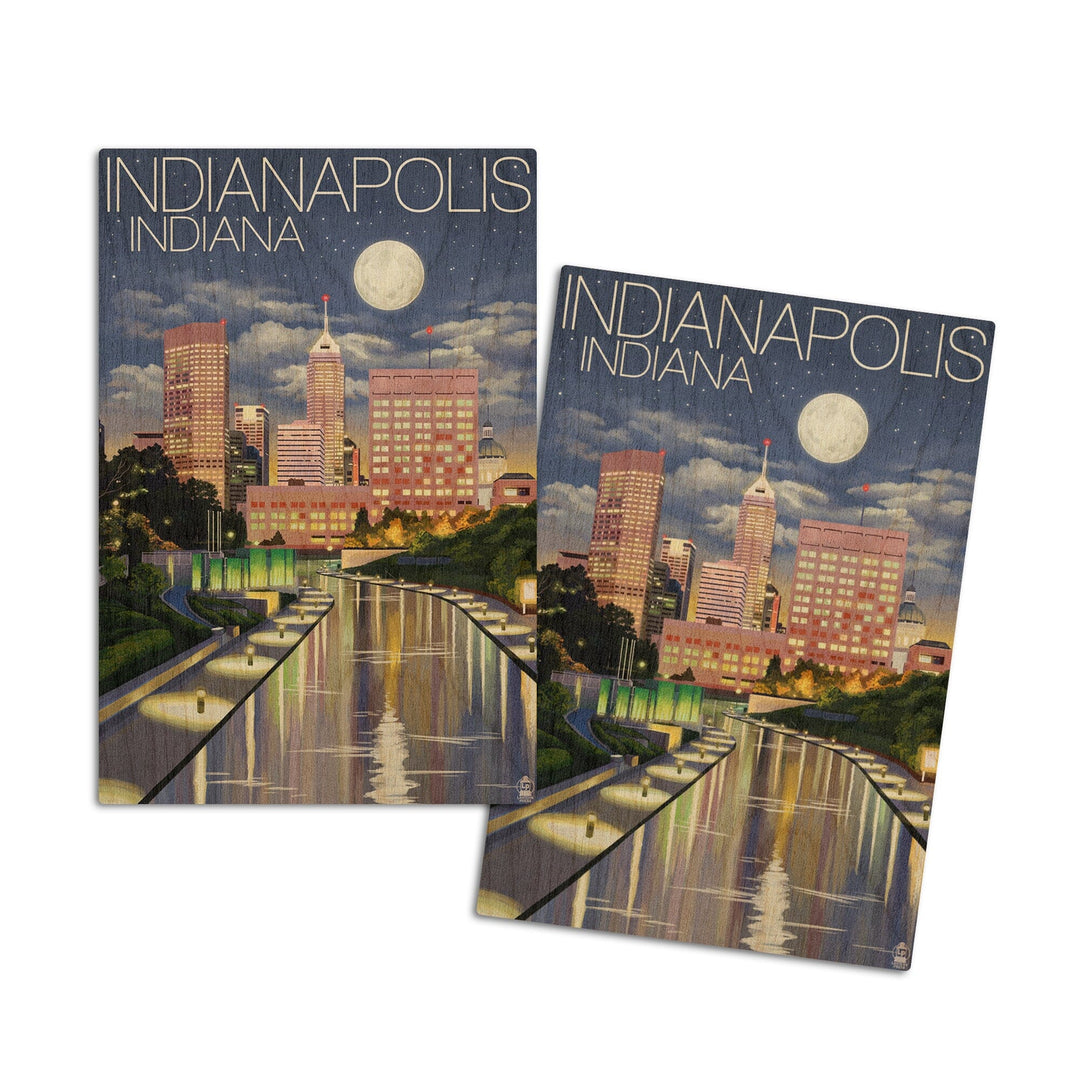 Indianapolis, Indiana, Indianapolis at Night, Lantern Press Artwork, Wood Signs and Postcards Wood Lantern Press 4x6 Wood Postcard Set 