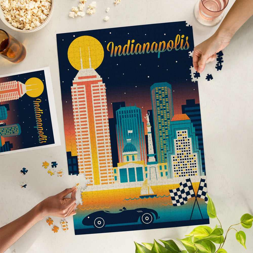 Indianapolis, Indiana, Retro Skyline Chromatic Series, Jigsaw Puzzle Puzzle Lantern Press 