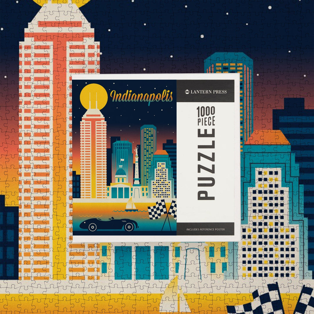 Indianapolis, Indiana, Retro Skyline Chromatic Series, Jigsaw Puzzle Puzzle Lantern Press 