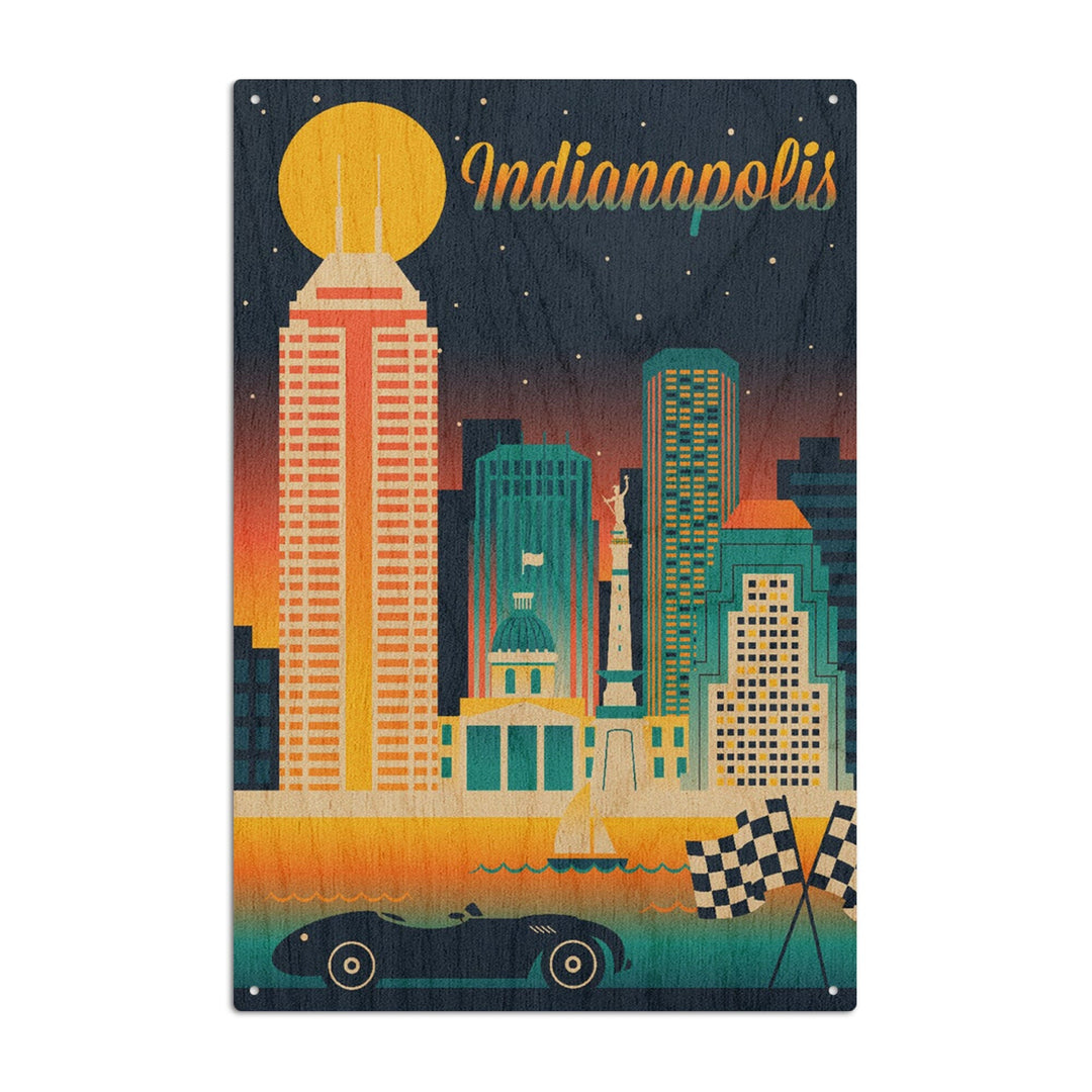 Indianapolis, Indiana, Retro Skyline Chromatic Series, Lantern Press Artwork, Wood Signs and Postcards Wood Lantern Press 10 x 15 Wood Sign 