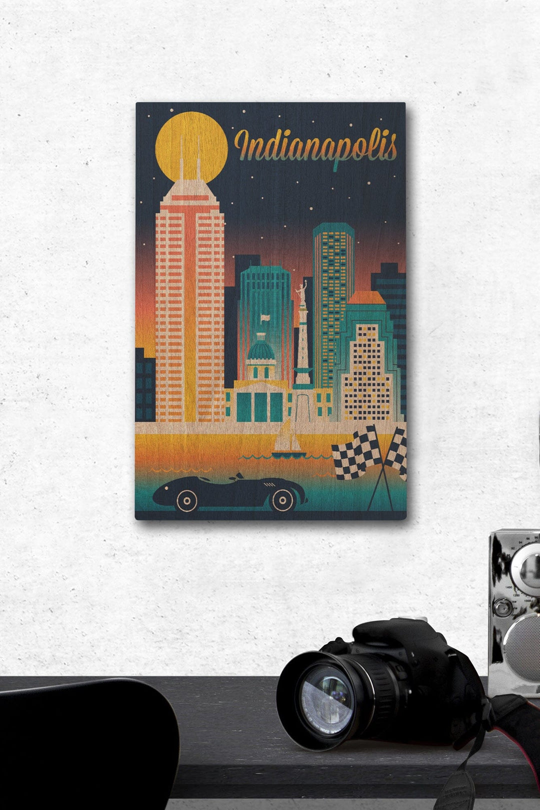 Indianapolis, Indiana, Retro Skyline Chromatic Series, Lantern Press Artwork, Wood Signs and Postcards Wood Lantern Press 12 x 18 Wood Gallery Print 