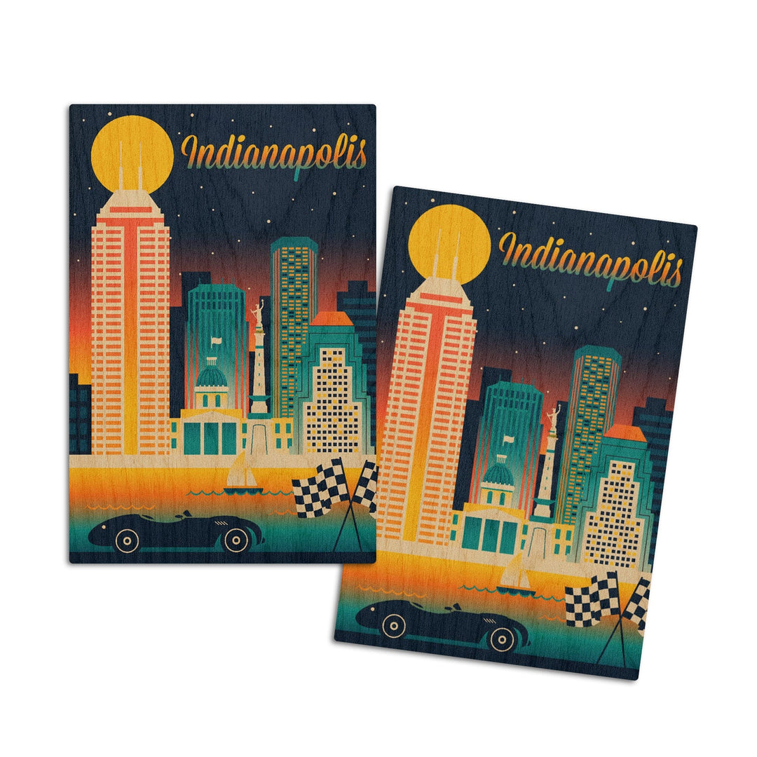 Indianapolis, Indiana, Retro Skyline Chromatic Series, Lantern Press Artwork, Wood Signs and Postcards Wood Lantern Press 4x6 Wood Postcard Set 
